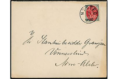 8 øre Tofarvet omv. rm. på brev annulelret med lapidar Nysted d. 9.7.1902 til Vennerslund pr. Nørre-Alslev.