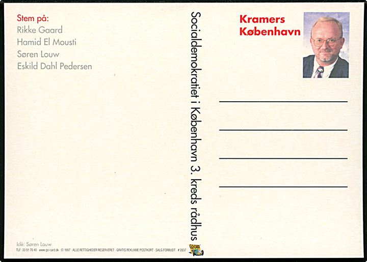 Lige i plet www.rosen.dk. Socialdemokratiets valgagitationskort fra Københavns 3. kreds til Kommunal- og amtsrådsvalg d. 18.11.1997, Go-Card no. 2837.