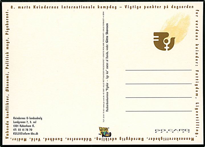 Female - Future. Kvindernes U-landsudvalg fra postkortkonkurrencen Gitte Skovsen Pigekår - lige kår med støtte fra Danida. Go-Card no. 2514.