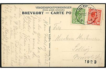 5 øre og 10 øre Chr. X på brevkort (Mamtrup Brugsforening) annulleret med brotype IIIb Aggersund n. S. d. d. 28.12.1920 til Brovst. 