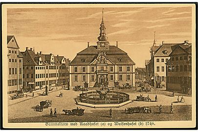 Købh., Gl. Torv med Raadhus og Waisenhus anno 1746. Stenders serie Fra gamle Dage no. 26946.