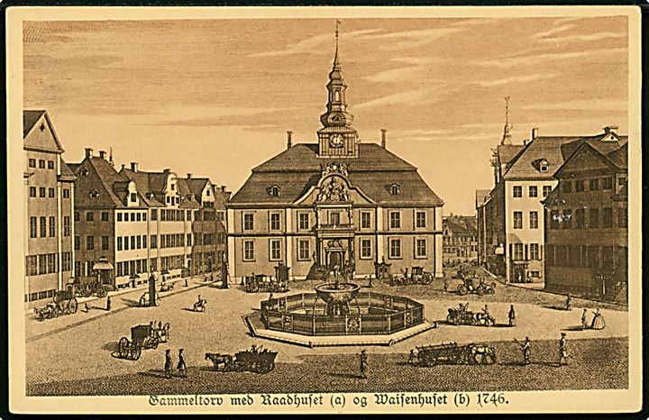 Købh., Gl. Torv med Raadhus og Waisenhus anno 1746. Stenders serie Fra gamle Dage no. 26946.