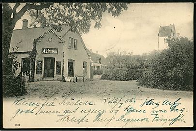 Store Fuglede, Købmand A. Braasch med kirke i baggrunden. No. 1332. 