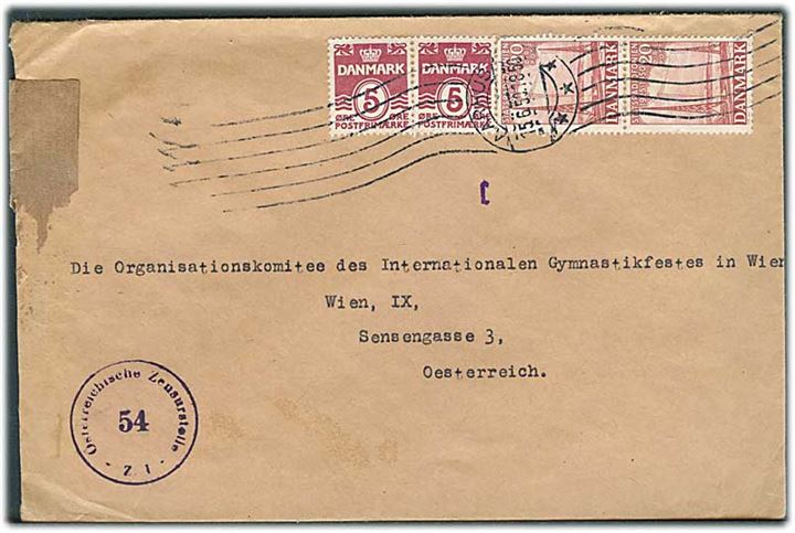 5 øre Bølgelinie (2) og 20 øre Statsradiofonien (2) på brev annulleret med håndrullestempel Aarhus d. 15.6.1950 til Wien, Østrig. Østrigsk efterkrigscensur no. 54.