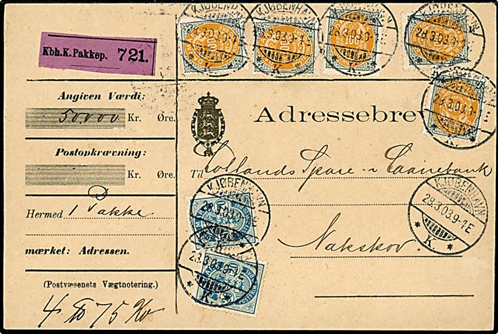 20 øre Våben og 100 øre Tofarvet (5) 8. tryk på 540 øre frankeret adressebrev for værdipakke på 50.000 kr. fra Kjøbenhavn K. d. 28.3.1903 til Nakskov.