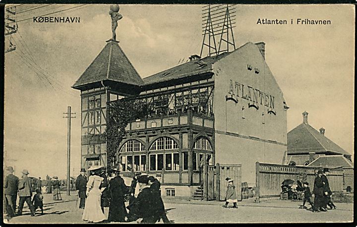 Købh., Frihavnen. Carlsbergs marketenderi ”Atlanten” med Atlas statue på taget. Atlas er lavet af Nicolai Outzen Schmidt på bestilling af Brygmester Carl Jacobsen. Peter Alstrup no. 9202.