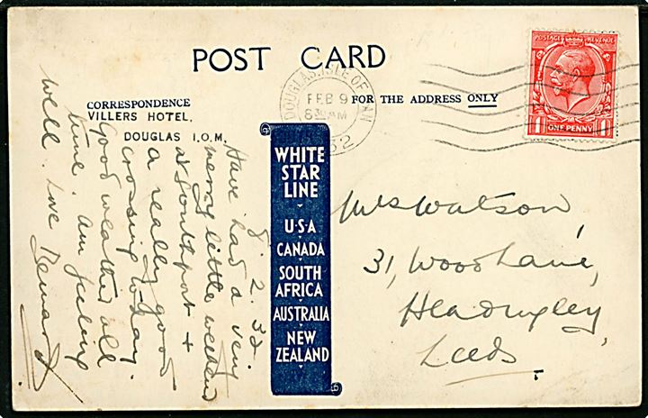 Megantic, S/S, White Star Line reklamekort. Sendt fra Douglas Isle of Man 1932. 