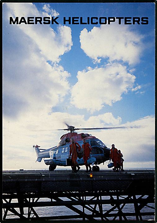 Super Puma helikopter fra Maersk Air under flyvning til olie- og gasfelterne i Nordsøen. Reklamekort u/no.