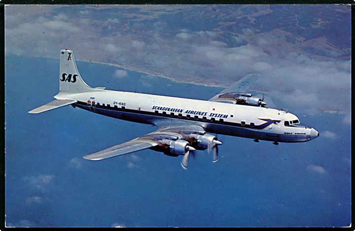 Douglas DC-7 OY-KND Rolf Viking, SAS. Reklamekort u/no.