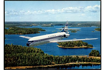 Finnair, Super Caravelle over sølandskab. Reklamekort u/no.