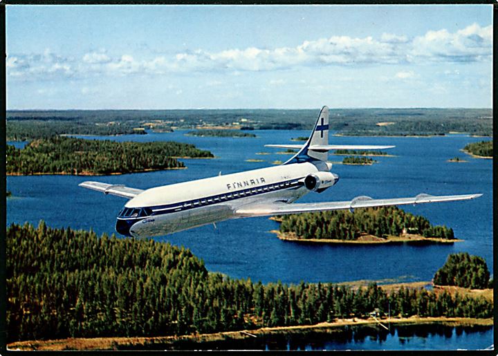 Finnair, Super Caravelle over sølandskab. Reklamekort u/no.