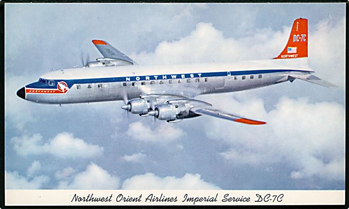 Douglas DC-7C fra Northwest Orient Airlines. Reklamekort no. TRAD 342.