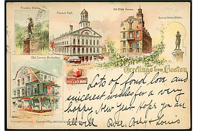 USA, Greetings from Boston med prospekter. Frankeret med 2 cents Washington og sendt underfrankeret fra Boston d. 20.12.1899 til Graudenz, Tyskland. Udtakseret i 25 pfg. tysk porto.