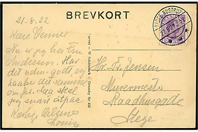 15 øre Chr. X på brevkort (Nustrup kirke) annulleret med brotype IIb Store Nustrup d. 22.8.1922 til Stege.