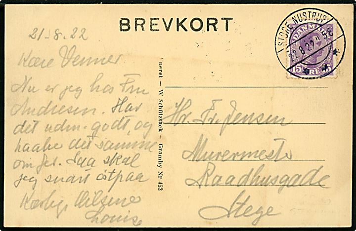 15 øre Chr. X på brevkort (Nustrup kirke) annulleret med brotype IIb Store Nustrup d. 22.8.1922 til Stege.