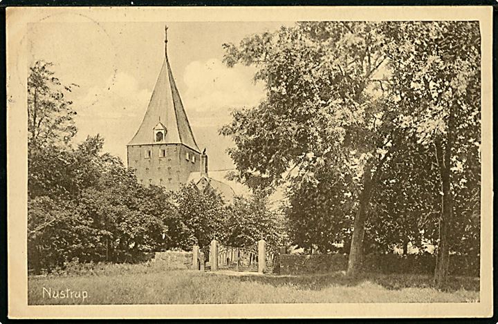 15 øre Chr. X på brevkort (Nustrup kirke) annulleret med brotype IIb Store Nustrup d. 22.8.1922 til Stege.