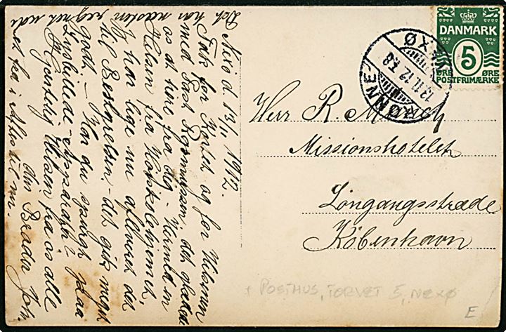 Neksø. Torvet 5 med Højskolehjemmet og Posthuset. Fotokort u/no. Med 5 øre Bølgelinie annulleret med bureau stempel Rønne - Nexø T7 d. 13.11.1912 til København. 