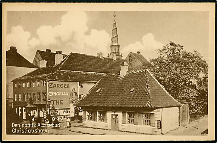 Købh., Den gamle Accisebod, samt stor facade reklame. Dansk Lystrykkeri no. 1730. 