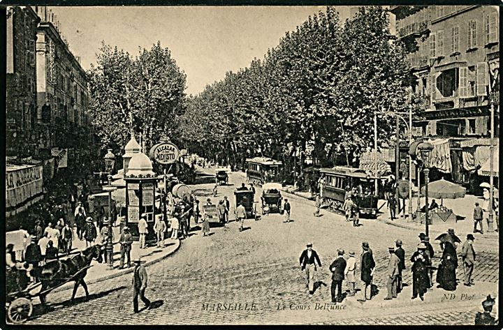 Marseille. Le Cours Belzunce med aviskiosk og sporvogne. 