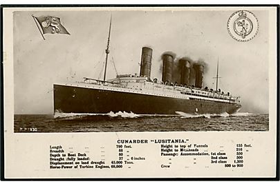 Lusitania, S/S, Cunard Line. Skramme i venstre side.