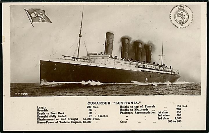 Lusitania, S/S, Cunard Line. Skramme i venstre side.