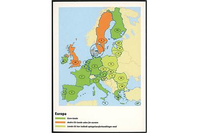 Europa-kort med EU-lande i og udenfor Euro-samarbejdet, samt lande som har ledt optagelsesforhandlinger med EU. Informationskort fra Udenrigsminieteriet i forb. med EU-afstemning d. 28.9.2000 om hvorvidt Danmark skulle indtræde i tredje fase af Den Økonomiske og Monetære Union (ØMU) pr. 1. januar 2002. Go-Card no. 4867.