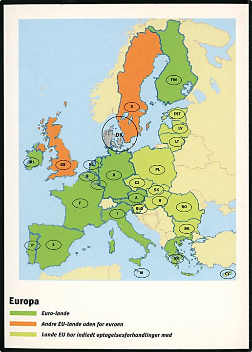 Europa-kort med EU-lande i og udenfor Euro-samarbejdet, samt lande som har ledt optagelsesforhandlinger med EU. Informationskort fra Udenrigsminieteriet i forb. med EU-afstemning d. 28.9.2000 om hvorvidt Danmark skulle indtræde i tredje fase af Den Økonomiske og Monetære Union (ØMU) pr. 1. januar 2002. Go-Card no. 4867.