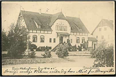 Køge, Strandhotellet. U/no. Frankeret med 5 øre Våben i parstykke og sendt underfrankeret fra Kjøbenhavn d. 9.10.1905 til London, England. Udtakseret i 2½d britisk porto da delt adresseside endnu ikke var tilladt.