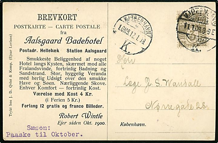 Kbh., Zoologisk have: Elefanten Kaspar og hans Mor spiser frokost. Tiltrykt reklame for Aalsgaard Badehotel og anvendt som lokal tryksag i Kjøbenhavn d. 11.1.1908.