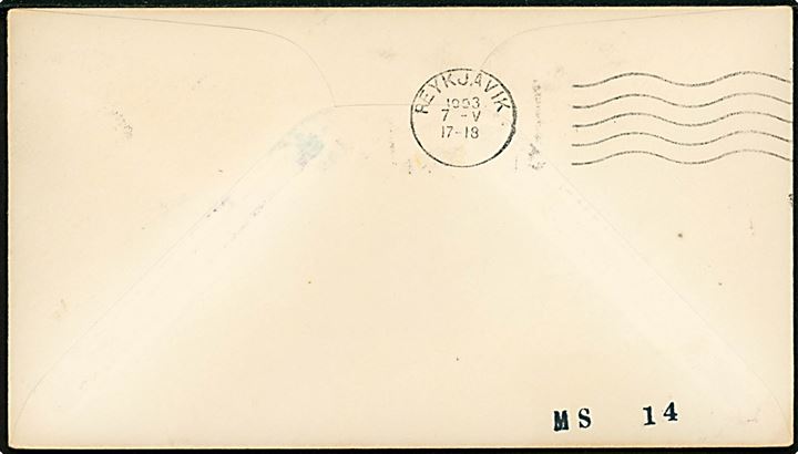 6 øre Bølgelinie (par) på filatelistisk tryksag annulleret med islandsk skibsstempel Frá Danmörku og sidestemplet Paquebot til USA. På bagsiden stempålet Reykjavik d. 7.5.1953. Privat skibsstempel: Brúarfoss.