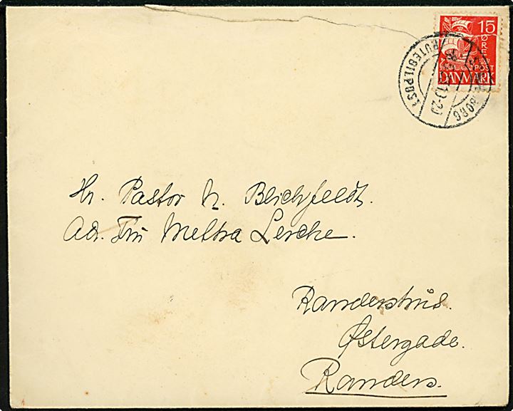 15 øre Karavel (DEFEKT) på brev annulleret med sjældent brotype IIc stempel Sønderborg Rutebilpost d. 8.5.1933 til Randers.