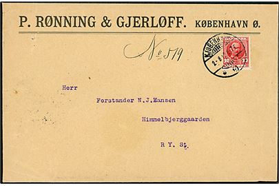 10 øre Fr. VIII på illustreret firmakuvert fra P. Rønning & Gjerløff i Kjøbenhavn Ø. d. 2.8.1912 til Himmelbjerggaarden pr. Ry St.