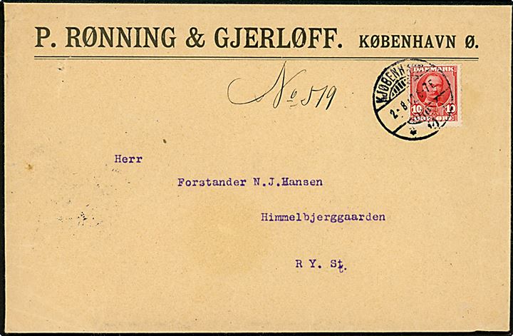 10 øre Fr. VIII på illustreret firmakuvert fra P. Rønning & Gjerløff i Kjøbenhavn Ø. d. 2.8.1912 til Himmelbjerggaarden pr. Ry St.