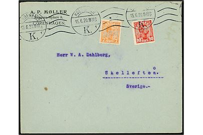 7 øre og 10 øre Chr. X med perfin APM på firmakuvert fra A. P. Møller i København d. 15.6.1920 til Skellefteå, Sverige.