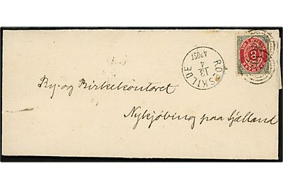 8 øre Tofarvet på brev fra Leire Herred annulleret med nr.stempel 58 og sidestemplet lapidar Roeskilde d. 13.4.1882 til Nykøbing Sjælland.