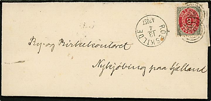 8 øre Tofarvet på brev fra Leire Herred annulleret med nr.stempel 58 og sidestemplet lapidar Roeskilde d. 13.4.1882 til Nykøbing Sjælland.