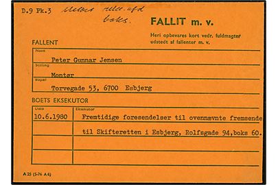 Kuvert Fallit m.v. - formular A25 (5-76 A6) - dateret d. 10.6.1980.