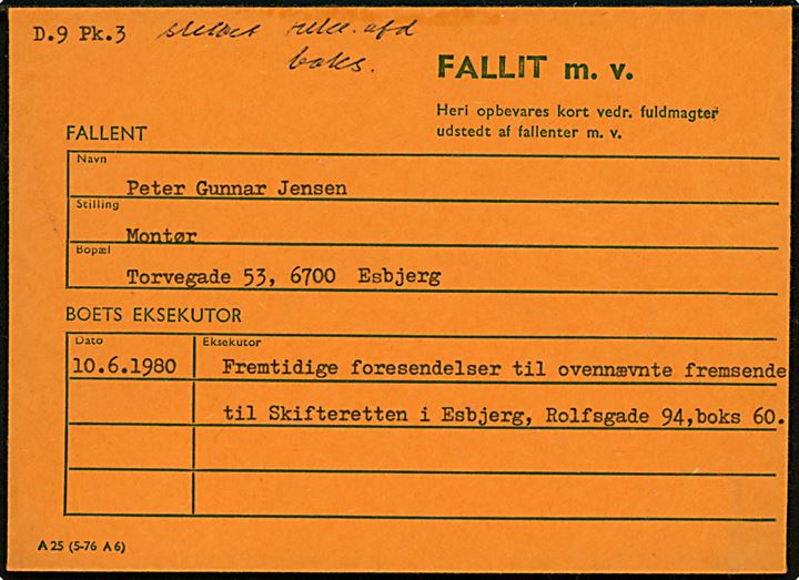 Kuvert Fallit m.v. - formular A25 (5-76 A6) - dateret d. 10.6.1980.