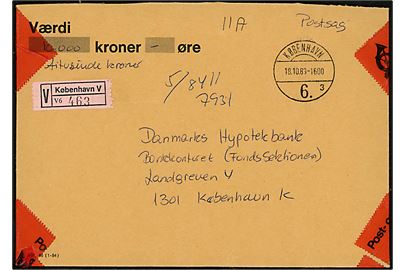 Ufrankeret værdibrev fra H. C. Ørsteds Vej postekspedition (V6) sendt som Postsag med brotype Vd København 6. sn3 d. 18.10.1983 til Danmarks Hypotekbank i København. Lukket med Post- og Telegrafvæsenets Forseglingstape.