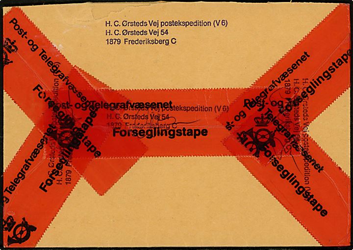 Ufrankeret værdibrev fra H. C. Ørsteds Vej postekspedition (V6) sendt som Postsag med brotype Vd København 6. sn3 d. 18.10.1983 til Danmarks Hypotekbank i København. Lukket med Post- og Telegrafvæsenets Forseglingstape.