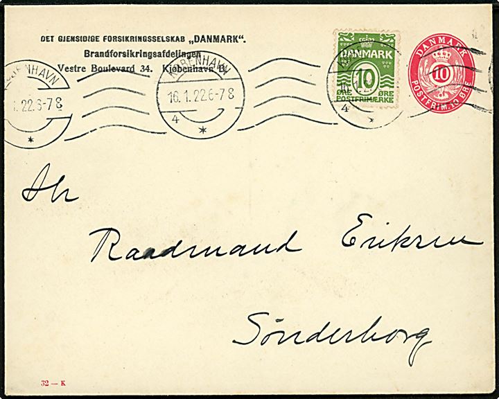 10 øre helsagskuvert (fab.nr. 32-K) opfrankeret med 10 øre Bølgelinie fra København d. 16.1.1922 til Sønderborg. På bagsiden ank.stemplet med BLÅT brotype IIb Sønderborg sn1 d. 17.1.1922. Forsøgsanvendelse af blå stempelfarve.