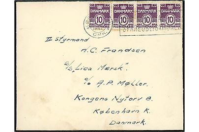 10 øre Bølgelinie (4) på brev annulleret med TMS København OMK.4 / KØB STATS SPAREOBLIGATIONER d. 23.8.1942 til II Styrmand ombord på S/S Lica Mærsk via rederiet A.P.Møller i København. På bagsiden noteret modtaget d. 26.8.1942. Skibet led forlig i slutningen af maj 1942 hvor det blev bombet af allierede fly i Nordsøgen under rejse til Rotterdam. Uvist hvor Lica Mærsk befandt sig i aug. 1942. Uden censur.