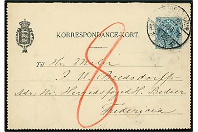 4 øre helsags korrespondancekort sendt underfrankeret fra Kjøbenhavn d. 18.2.1898 til Fredericia. Udtakseret i 8 øre porto.