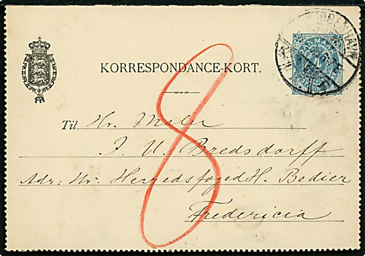 4 øre helsags korrespondancekort sendt underfrankeret fra Kjøbenhavn d. 18.2.1898 til Fredericia. Udtakseret i 8 øre porto.