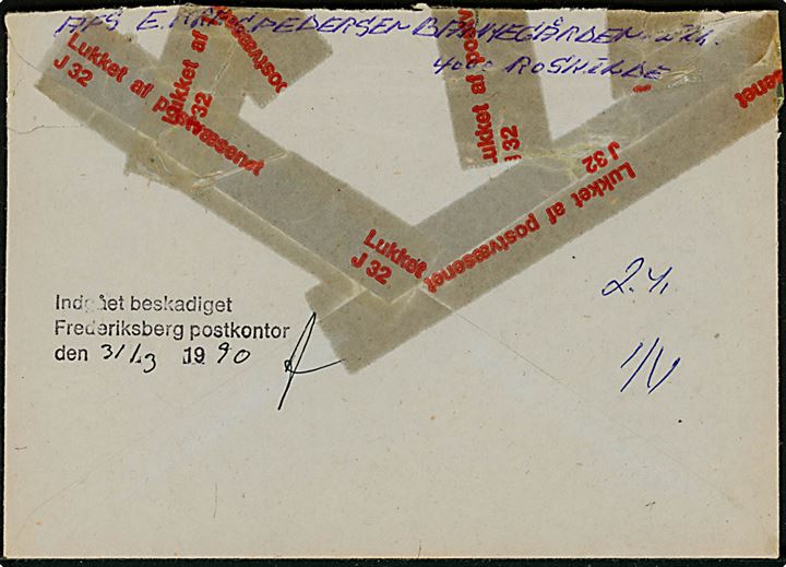 3,50 kr. Kunstindustrimuseet (defekt) på brev fra Roskilde annulleret Høje-Taastrup Postcenter d. 29.3.1990 til Frederiksberg. Lukket med tape og påstemplet på bagsiden: Indgået beskadiget Frederiksberg postkontor den 31.3.1990.