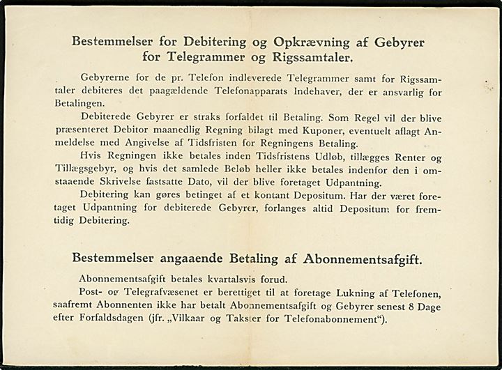 Post- og Telegrafvæsnet formular - U.19 (2-43 B6) - vedr. ubetalt regning med varsel om udpantning og spærring af telefonforbindelse. Ubrugt og med fold.