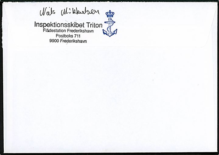 4,50 Risin og Kellingin på brev fra Tórshavn d. 1.10.1996 til Skanderborg. På bagsiden afs.-stempel: Inspektionsskibet Triton Flådestation Frederikshavn Postboks 711 9900 Frederikshavn.