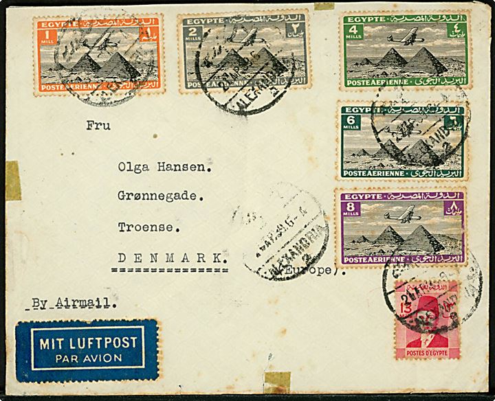 34 mills blandingsfrankeret luftpostbrev fra styrmand ombord på S/S Hans Mærsk i Alexandria d. 21.4.1939 til Troense, Danmark.