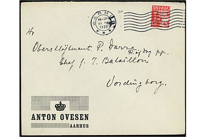 15 øre Karavel på brev fra Aarhus d. 31.11.1938 til Oberstløjtnant P. Davre, Ridder af Dannebrog p.p., Chef for 7. Bataillon i Vordingborg.