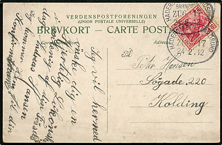 10 pfg. Germania på brevkort annulleret med ovalt bureaustempel Hadersleben - Aarösund Bahnpost Zug 17 d. 24.2.1912 til Kolding, Danmark.